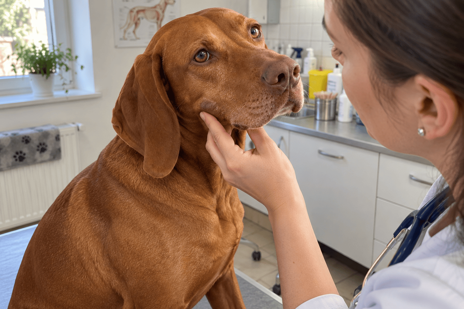 Veterinár jemne vyšetruje opuch na tvári maďarskej vyžly